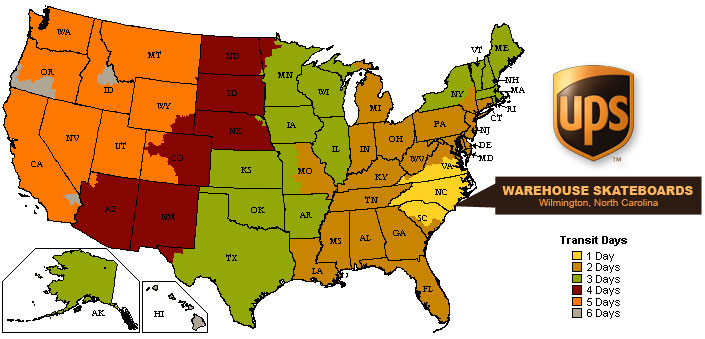 UPS Ground Shipping Map for Warehouse Skateboards