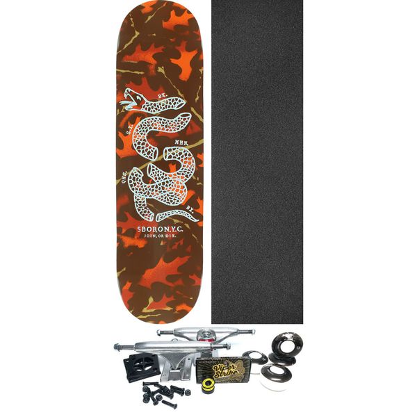 5Boro NYC Skateboards DIY Camo Leaf Orange Skateboard Deck - 8" x 32" - Complete Skateboard Bundle