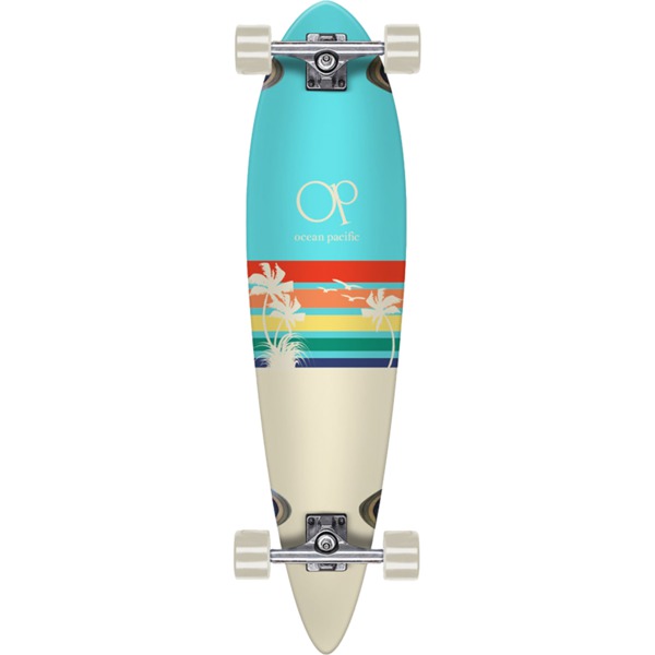 Ocean Pacific Sunset Pintail Teal / Off-White Longboard Complete Skateboard - 8.7" x 40"