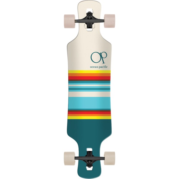 Ocean Pacific Swell Drop Through Off-White / Teal Longboard Complete Skateboard - 9" x 36"