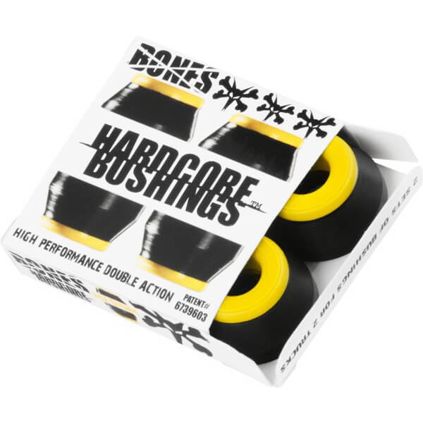 Bones Wheels Hardcore 91A Black / Yellow Skateboard Bushings - 2 Pair with Washers - Medium