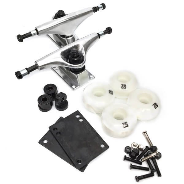 Essentials Skateboard Components Polished Trucks with 52mm White Wheels, Bearings & Hardware Kit - 5.0" Hanger 7.75" Axle (Set of 2)