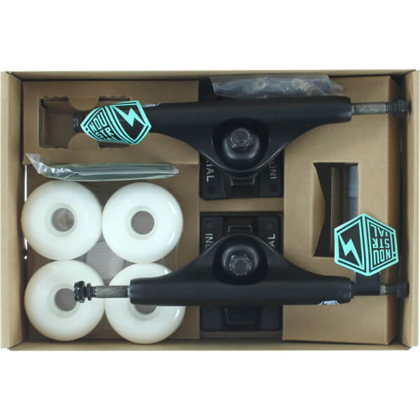 Industrial Skateboards Black Trucks with 52mm White Wheels, Bearings & Hardware Kit - 5.25" Hanger 8.0" Axle (Set of 2)