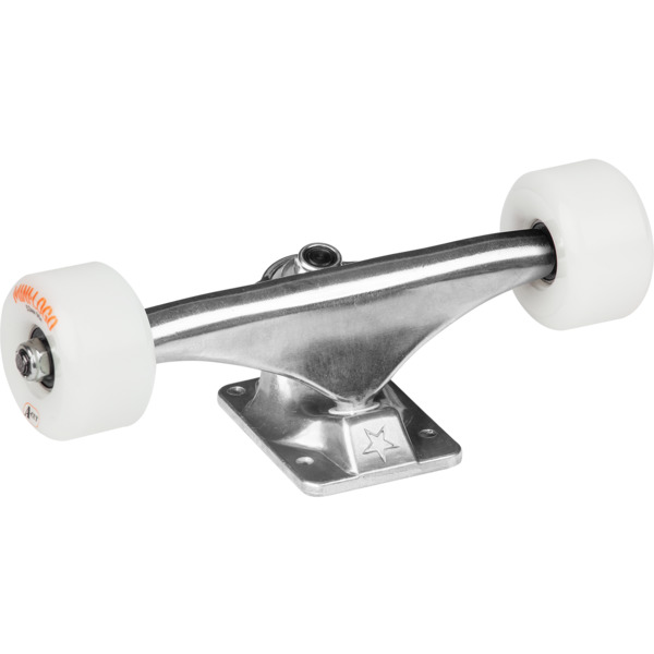 Mini Logo Skateboards Raw Trucks with 53mm White 90a A-Cut Wheels Combo - 4.57" Hanger 7.13" Axle (Set of 2)