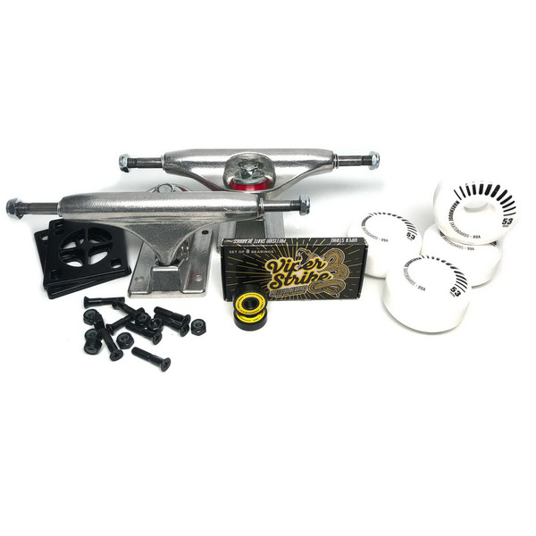 Warehouse Polished Trucks with 53mm White Street Vents Wheels, Bearings & Hardware Kit - 5.75" Hanger 8.5" Axle (Set of 2)