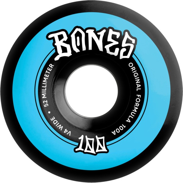 Bones Wheels 100's OG V4 Color Widecut Black / Blue Skateboard Wheels - 52mm 100a (Set of 4) Bones Wheels 100's OG V4 Color Widecut Black / Blue Skateboard Wheels - 52mm 100a (Set of 4)