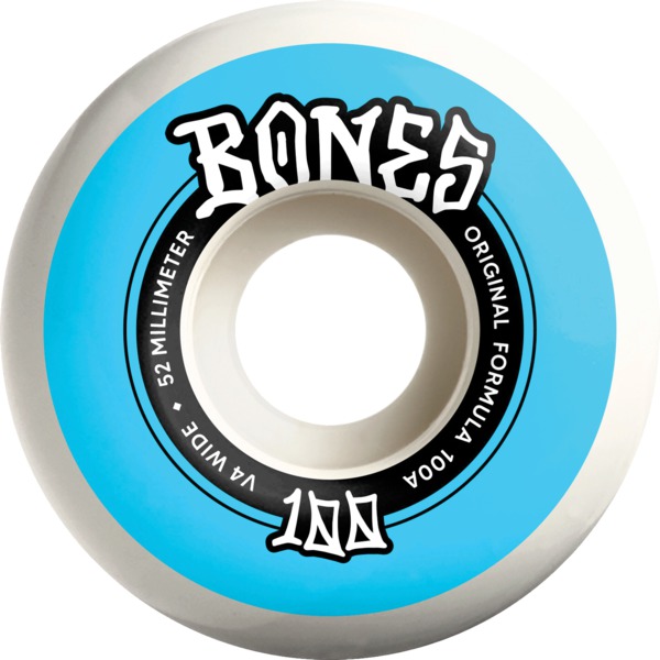 Bones Wheels 100's OG V4 Color White / Blue Skateboard Wheels - 52mm 100a (Set of 4) Bones Wheels 100's OG V4 Color White / Blue Skateboard Wheels - 52mm 100a (Set of 4)
