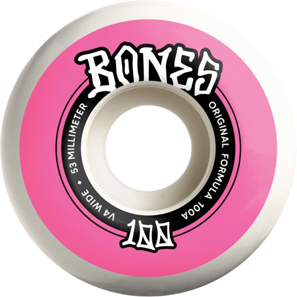 Bones Wheels 100's OG V4 Color Widecut White / Pink Skateboard Wheels - 53mm 100a (Set of 4)