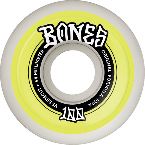 Bones Wheels 100's OG V4 Color Widecut White / Yellow Skateboard Wheels - 54mm 100a (Set of 4)