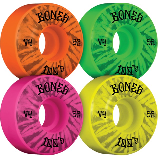 Bones Wheels 100's OG V4 Party Pack #5 Orange / Green / Pink / Yellow Skateboard Wheels - 52mm 100a (Set of 4)