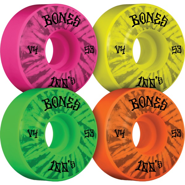Bones Wheels 100's OG V4 Party Pack #5 Orange / Green / Pink / Yellow Skateboard Wheels - 53mm 100a (Set of 4)