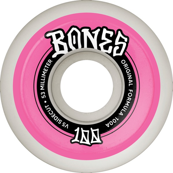 Bones Wheels 100's OG V5 Color Sidecut White / Pink Skateboard Wheels - 53mm 100a (Set of 4)