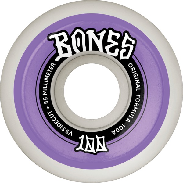 Bones Wheels 100's OG V5 Color Widecut White / Purple Skateboard Wheels - 55mm 100a (Set of 4)