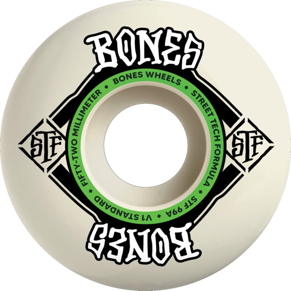 Bones Wheels STF V4 Square Logo Natural / Green Skateboard Wheels - 52mm 99a (Set of 4)
