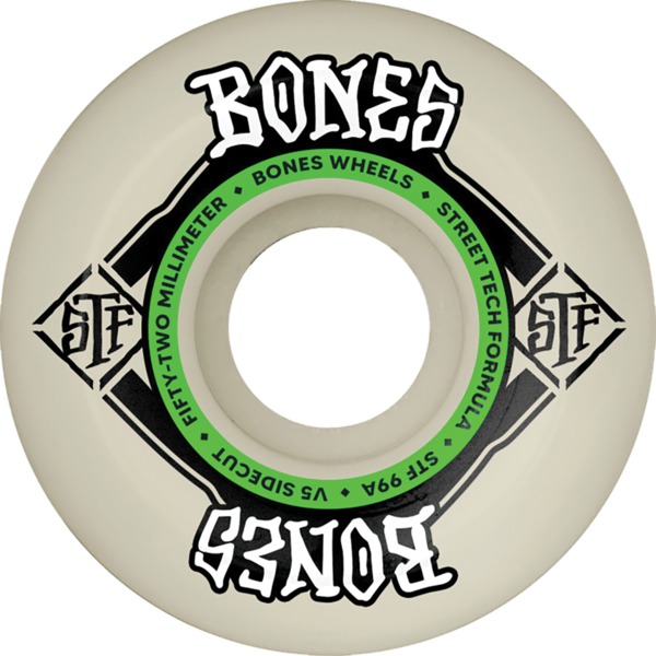 Bones Wheels STF V5 Square Logo Natural / Green Skateboard Wheels - 52mm 99a (Set of 4)
