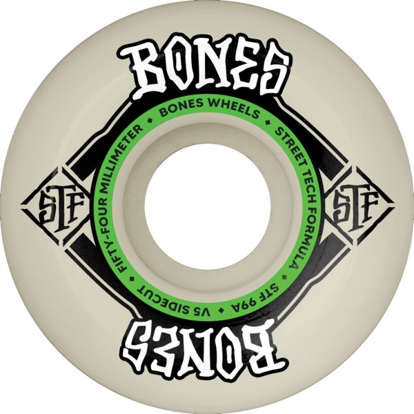 Bones Wheels STF V5 Square Logo White / Green Skateboard Wheels - 54mm 99a (Set of 4)