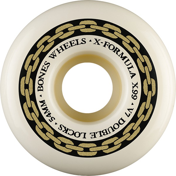 Bones Wheels XF X99 V7 Double-Lock Chain White / Gold Skateboard Wheels - 54mm 99a (Set of 4) Bones Wheels XF X99 V7 Double-Lock Chain White / Gold Skateboard Wheels - 54mm 99a (Set of 4)