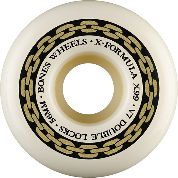 Bones Wheels XF X99 V7 Double-Lock Chain White / Gold Skateboard Wheels - 56mm 99a (Set of 4) Bones Wheels XF X99 V7 Double-Lock Chain White / Gold Skateboard Wheels - 56mm 99a (Set of 4)