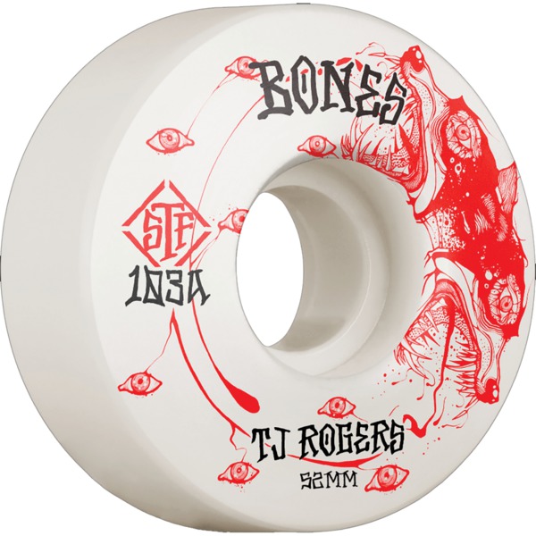 Bones Wheels TJ Rogers STF V3 Whirling Specters White Skateboard Wheels - 52mm 103a (Set of 4)