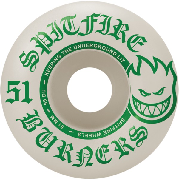 Spitfire Wheels Burners White / Green Skateboard Wheels - 51mm 99a (Set of 4)