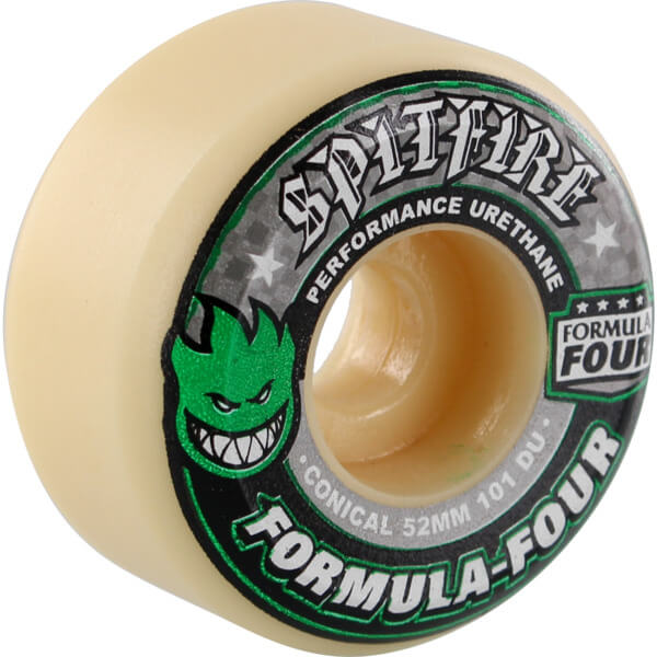Spitfire Wheels Formula Four Conical White w/ Green & Black Skateboard Wheels - 52mm 101a (Set of 4)