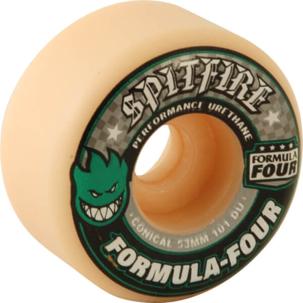 Spitfire Wheels Formula Four Conical White w/ Green & Black Skateboard Wheels - 53mm 101a (Set of 4)