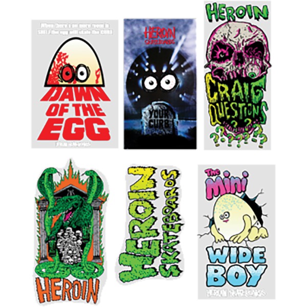 Heroin Skateboards 12 Pack Dawn Of The Egg Assorted Skate Sticker Heroin Skateboards 12 Pack Dawn Of The Egg Assorted Skate Sticker