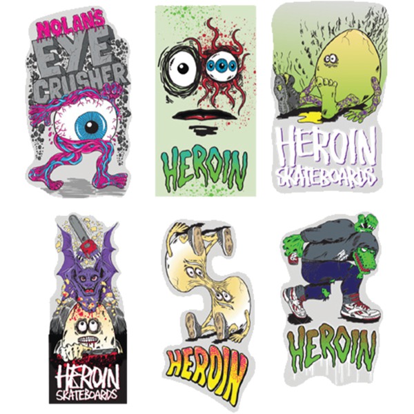 Heroin Skateboards 12 Pack Eye Crusher Assorted Skate Sticker Heroin Skateboards 12 Pack Eye Crusher Assorted Skate Sticker