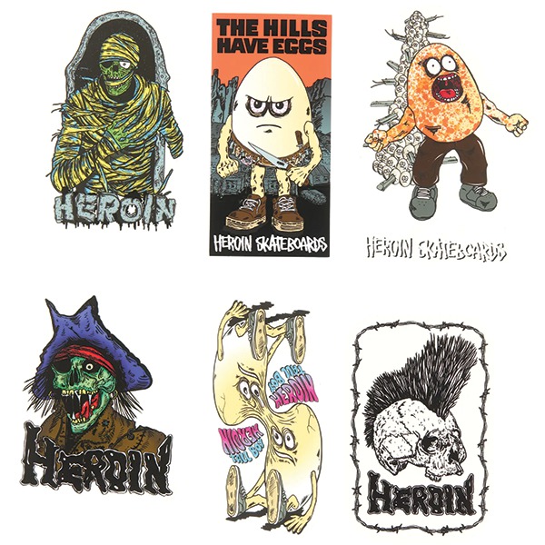Heroin Skateboards 12 Pack Hills Have Eggs Assorted Skate Sticker