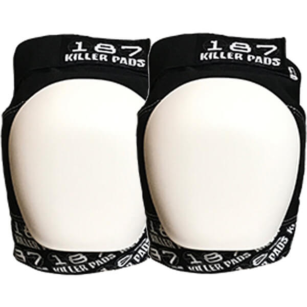 187 Killer Pads Pro Black / White Text with White Caps Knee Pads - Small