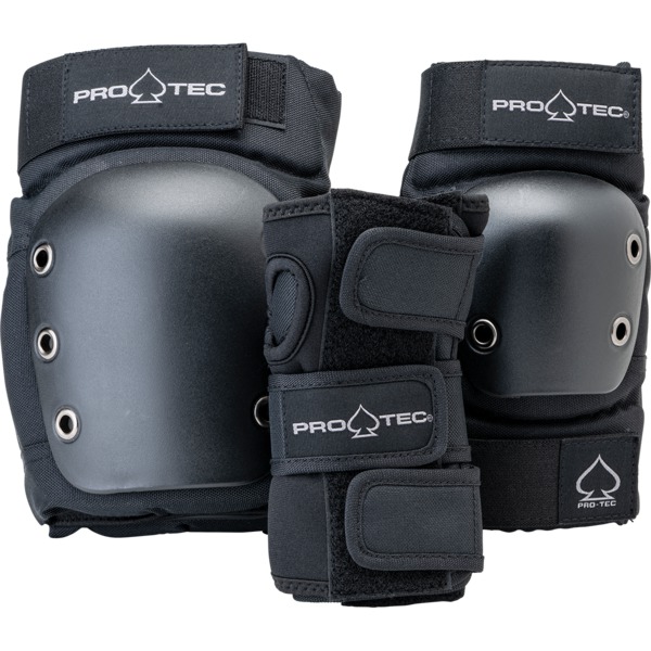 ProTec Skateboard Pads Junior 3 Pack Open Back Black Knee, Elbow, Wrist Set - Youth Small