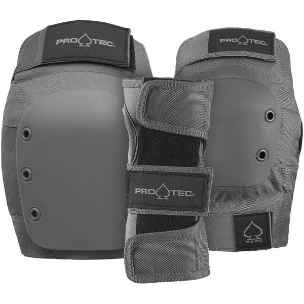 ProTec Skateboard Pads Adult 3 Pack Open Back Grey Knee, Elbow, Wrist Set - X-Large