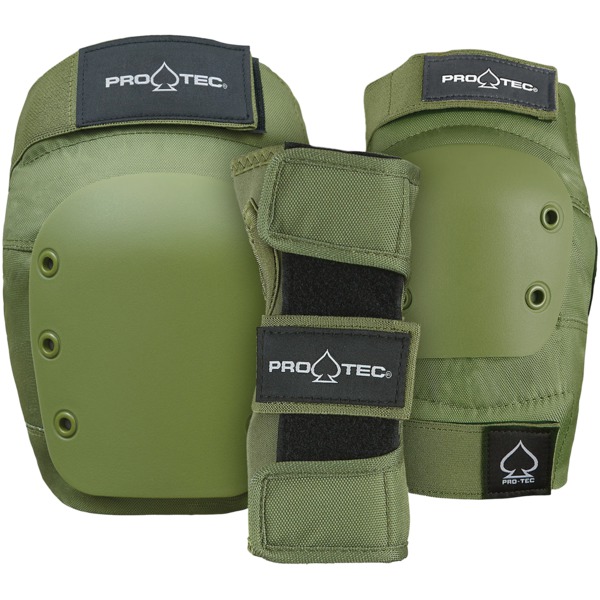 ProTec Skateboard Pads Adult 3 Pack Open Back Army Green Knee, Elbow, Wrist Set - Large