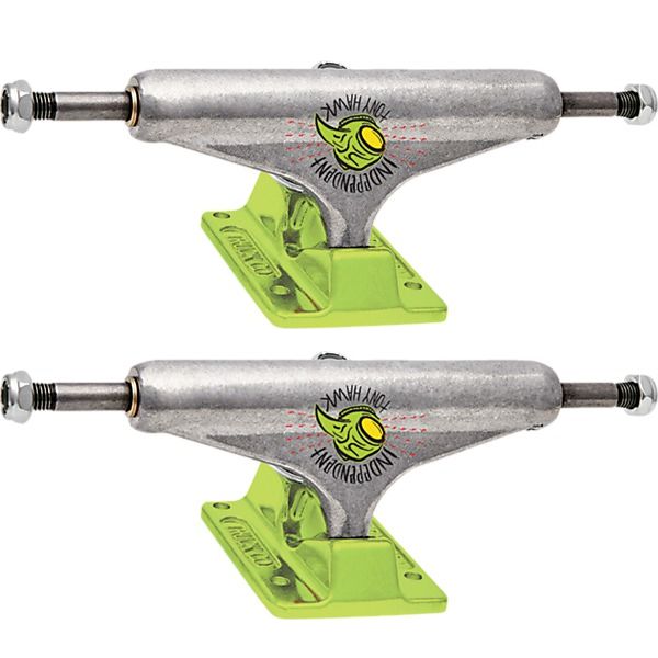 Independent Truck Company Tony Hawk Stage 11 - 159mm Forged Hollow Transmission Silver / Green Skateboard Trucks - 6.14" Hanger 8.75" Axle (Set of 2)