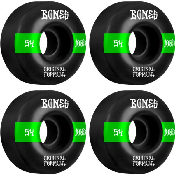 Bones Wheels 100's OG V4 #14 Black / Green Skateboard Wheels - 54mm 100a (Set of 4)