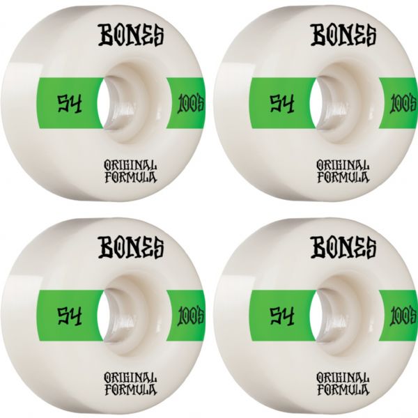 Bones Wheels 100's OG V4 #14 White / Green Skateboard Wheels - 54mm 100a (Set of 4)