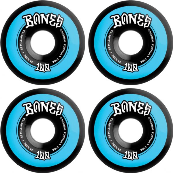 Bones Wheels 100's OG V4 Color Widecut Black / Blue Skateboard Wheels - 52mm 100a (Set of 4) Bones Wheels 100's OG V4 Color Widecut Black / Blue Skateboard Wheels - 52mm 100a (Set of 4)