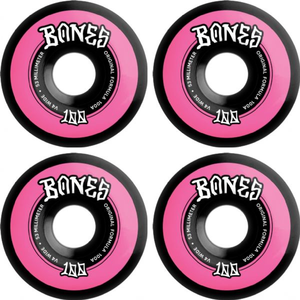 Bones Wheels 100's OG V4 Color Black / Pink Skateboard Wheels - 53mm 100a (Set of 4)
