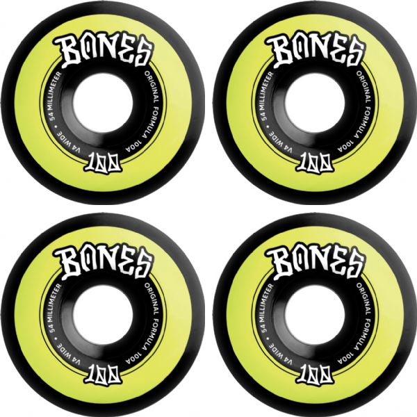 Bones Wheels 100's OG V4 Color Black / Yellow Skateboard Wheels - 54mm 100a (Set of 4)