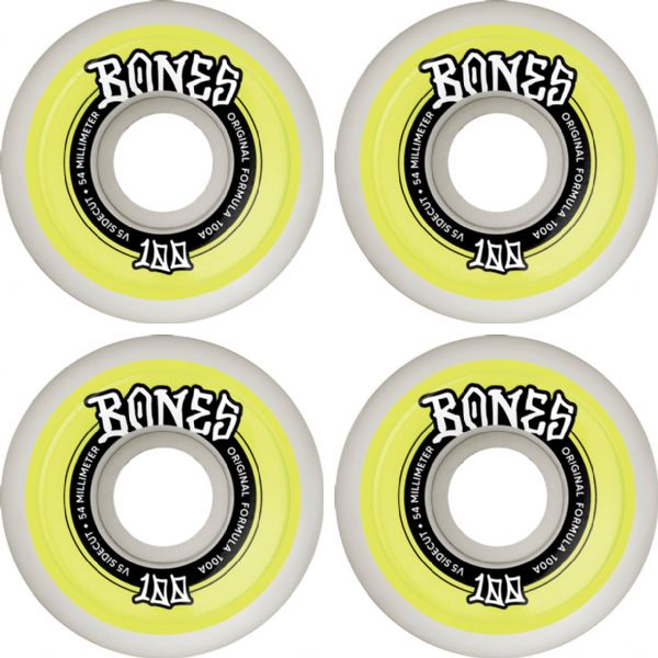 Bones Wheels 100's OG V4 Color Widecut White / Yellow Skateboard Wheels - 54mm 100a (Set of 4)