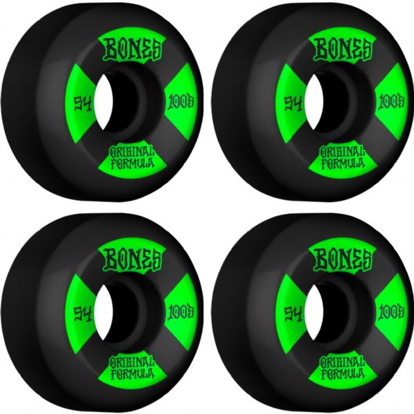 Bones Wheels 100's OG V4 Black / Green Skateboard Wheels - 54mm 100a (Set of 4)