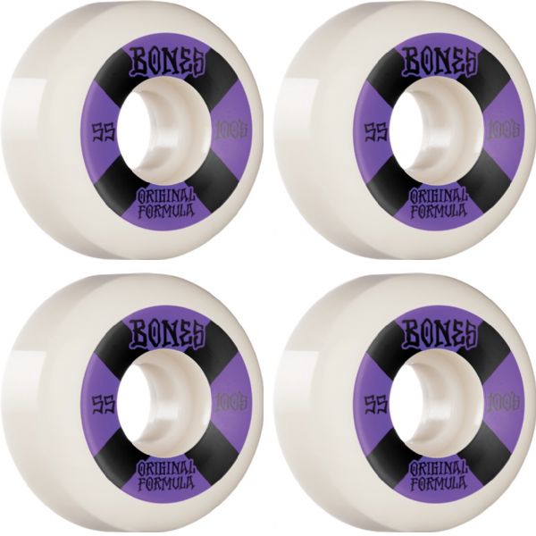 Bones Wheels 100's OG V5 #4 White / Purple Skateboard Wheels - 55mm 100a (Set of 4)