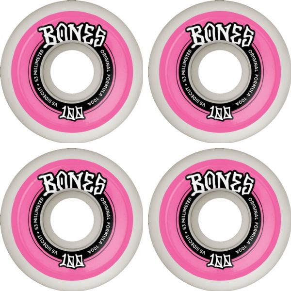 Bones Wheels 100's OG V5 Color Sidecut White / Pink Skateboard Wheels - 53mm 100a (Set of 4)