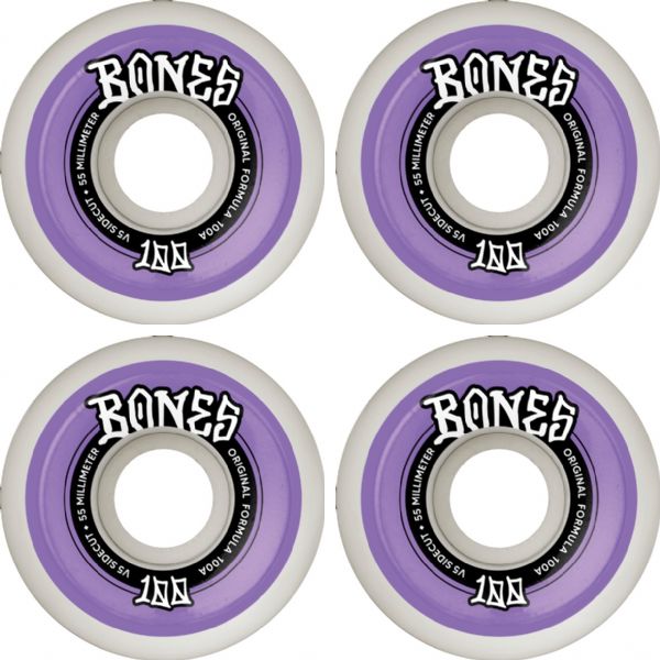 Bones Wheels 100's OG V5 Color Widecut White / Purple Skateboard Wheels - 55mm 100a (Set of 4)