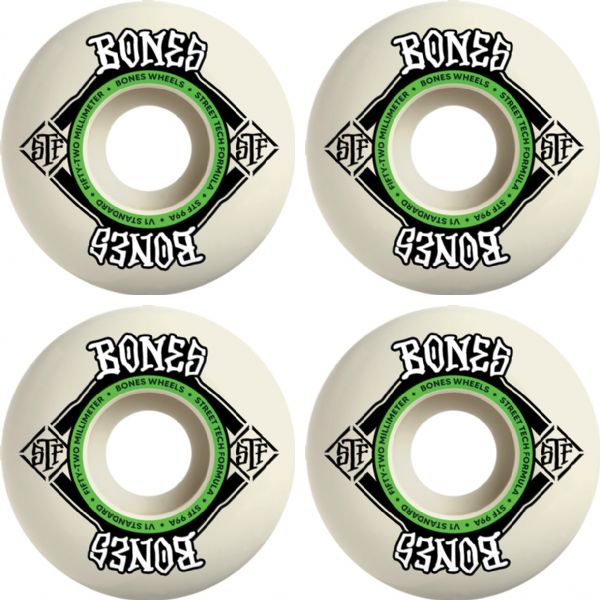 Bones Wheels STF V1 Square Logo White / Green Skateboard Wheels - 52mm 99a (Set of 4)