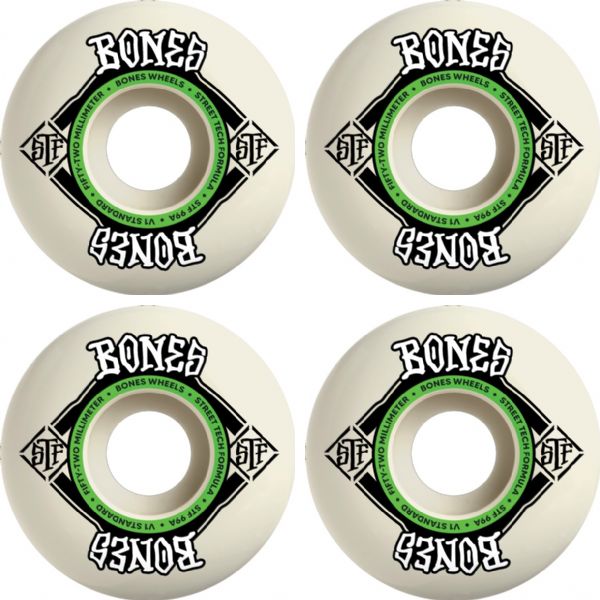 Bones Wheels STF V4 Square Logo Natural / Green Skateboard Wheels - 52mm 99a (Set of 4)