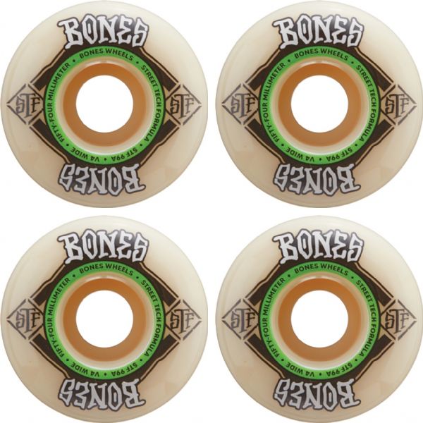 Bones Wheels STF V4 Square Logo Natural / Green Skateboard Wheels - 54mm 99a (Set of 4)