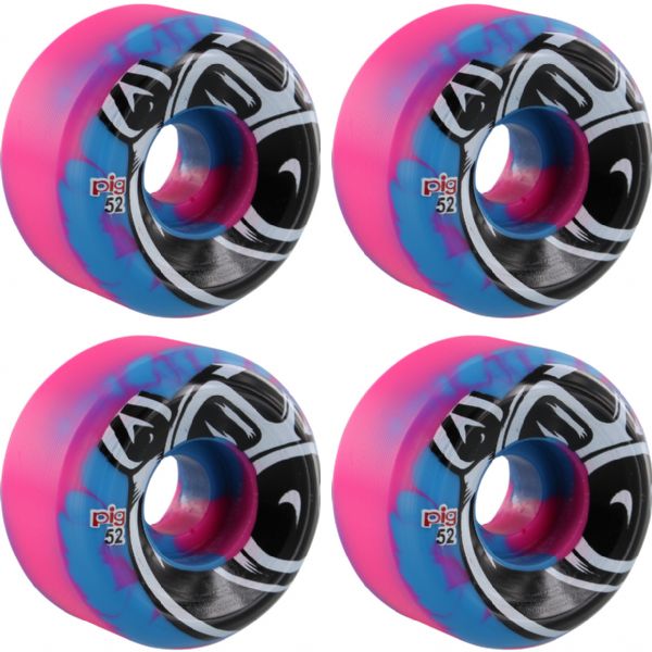 Pig Wheels Pig Head Conical Blue / Pink Swirl Skateboard Wheels - 52mm 101a (Set of 4)
