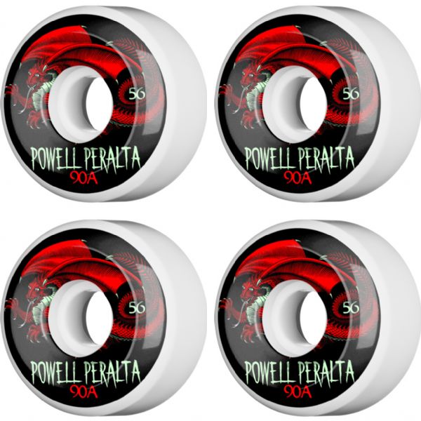 Powell Peralta Oval Dragon 4 White / Black / Red Skateboard Wheels - 56mm 90a (Set of 4)