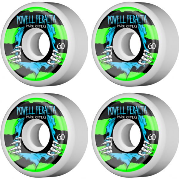 Powell Peralta Park Ripper II White / Green / Blue Skateboard Wheels - 60mm 104a (Set of 4)